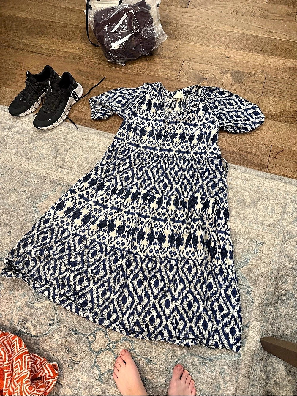 Sézane Stella Dress Geometric Cotton Midi Dress Blue & Cream Size 34